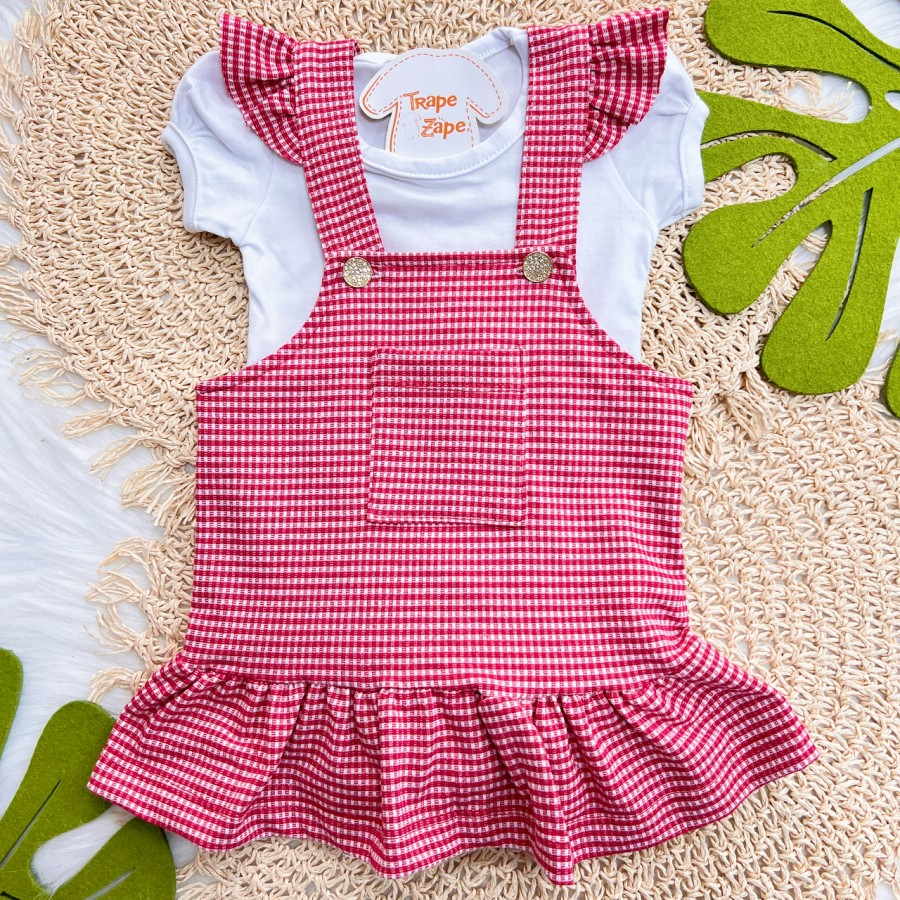 Conj. Body em Linho e Salopete Xadrez - Vermelho